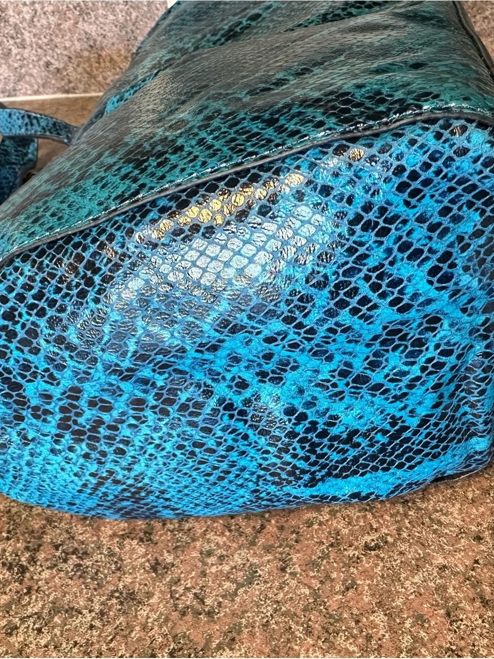 Juicy Couture Teal Snake-Print Shoulder Bag with Gold Chain Accents